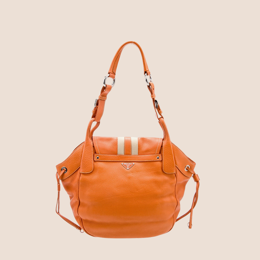 PRADA 2000 ORANGE VITELLO LEATHER & NYLON STRIPE HOBO BAG