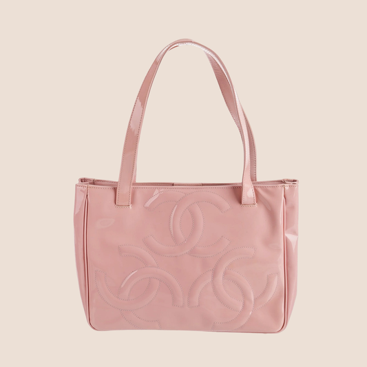 CHANEL 2005 PINK PATENT LEATHER PVC TRIPLE CC LOGO TOTE BAG