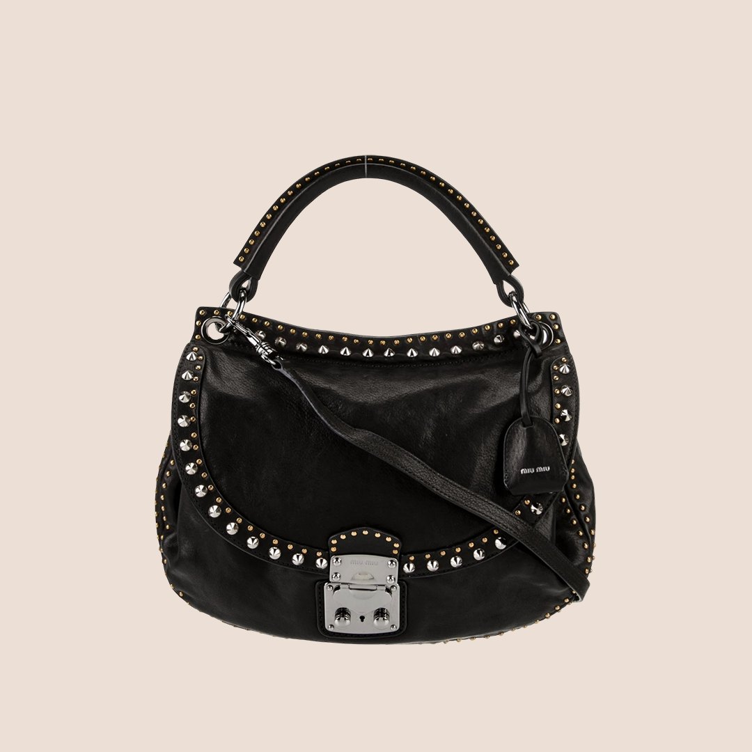 MIU MIU 2000 BLACK LEATHER STUDDED SHOULDER BAG