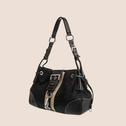 PRADA 2000 VITELLO LEATHER & NYLON STRIPE HOBO BAG