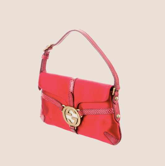 GUCCI RED LIZARD SATIN REINS LOGO EVENING BAG
