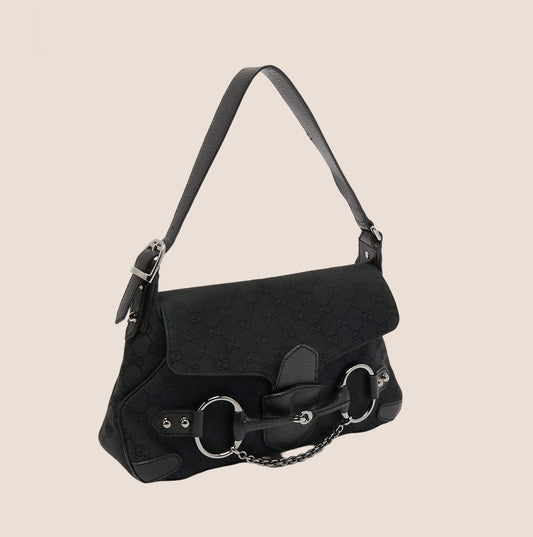 GUCCI BLACK GG MONOGRAM CANVAS HORSEBIT SHOULDER BAG