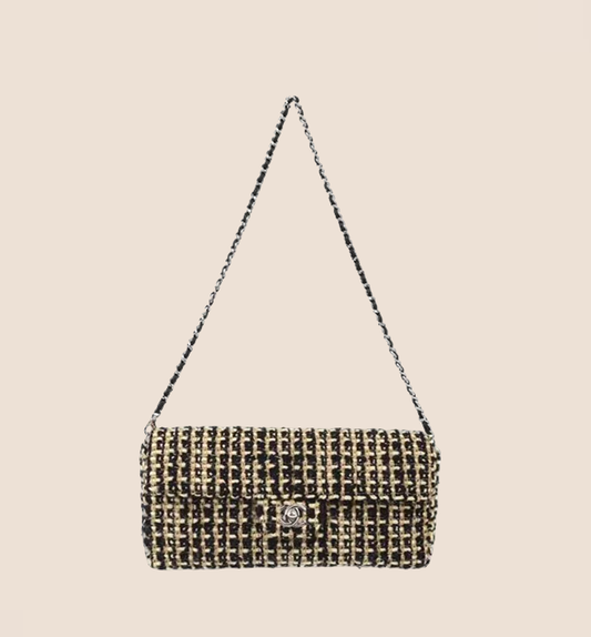 CHANEL BLACK TWEED EAST WEST CHOCO BAR BAG