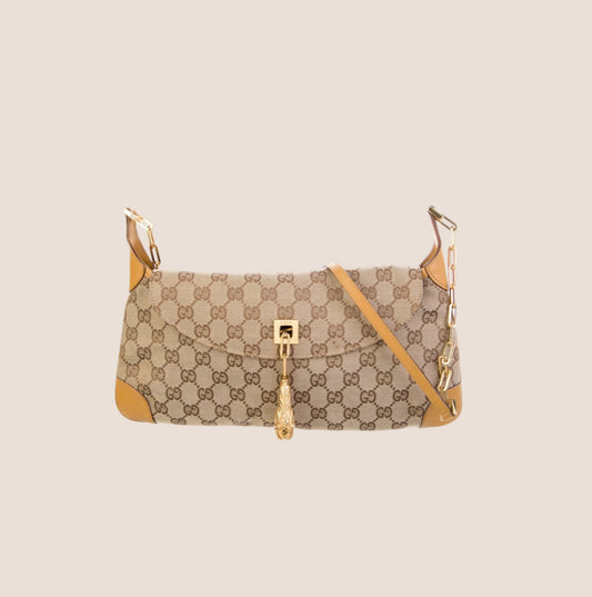 GUCCI BROWN GG MONOGRAM TIGER HEAD SHOULDER BAG