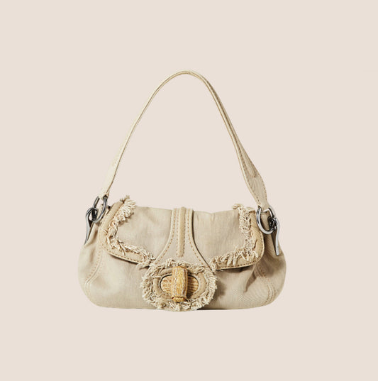 PRADA 2000 BEIGE LINEN FRINGE SHOULDER BAG
