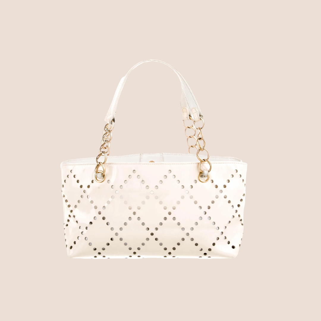 CHANEL 2003 WHITE PATENT PERFORATED TOTE BAG