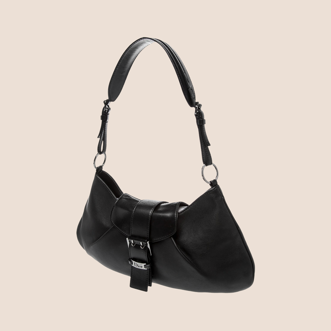 CHRISTIAN DIOR 2002 BLACK LEATHER BUCKLE CROISSANT BAG