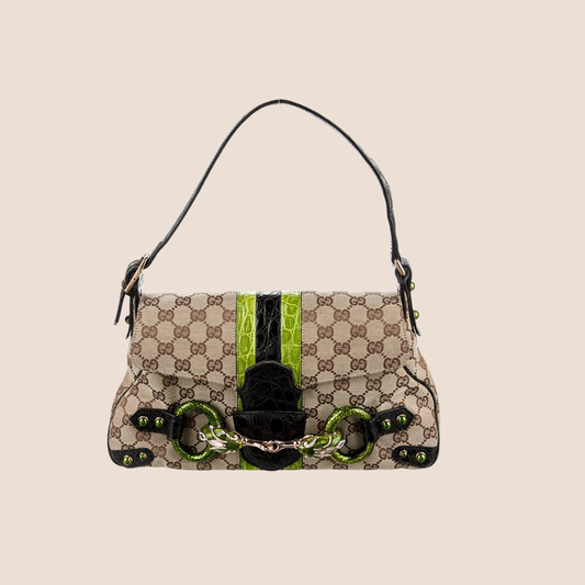 GUCCI BEIGE GG MONOGRAM CROCODILE TRIMMED BAG