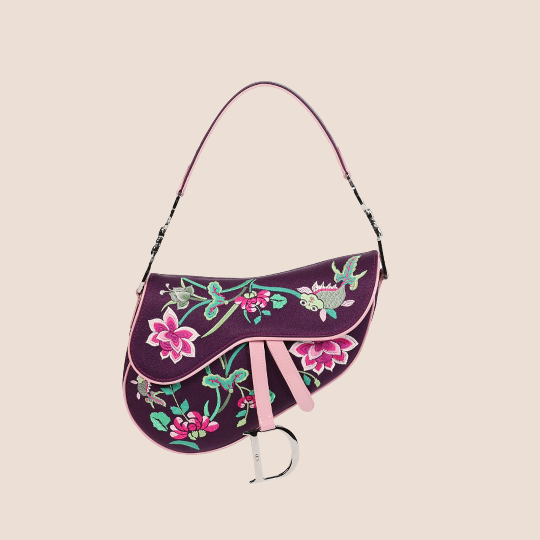 CHRISTIAN DIOR 2003 PURPLE SILK FLORAL KOI SADDLE BAG