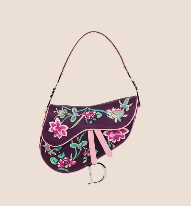 CHRISTIAN DIOR 2003 PURPLE SILK FLORAL KOI SADDLE BAG