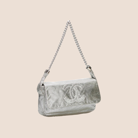 CHANEL 2008 SILVER METALLIC PERFORATED RODEO FLAP BAG