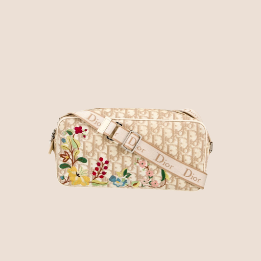 CHRISTIAN DIOR 2005 BEIGE TROTTER EMBROIDERED FLOWERS CROSSBODY BAG