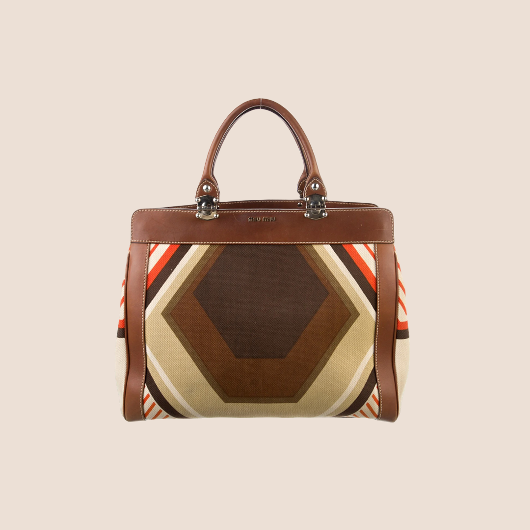 MIU MIU BROWN GRAPHIC PATCHWORK TOP HANDLE BAG