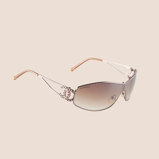 CHANEL 1990 SILVER CRYSTAL CC LOGO BROWN GRADIENT SUNGLASSES