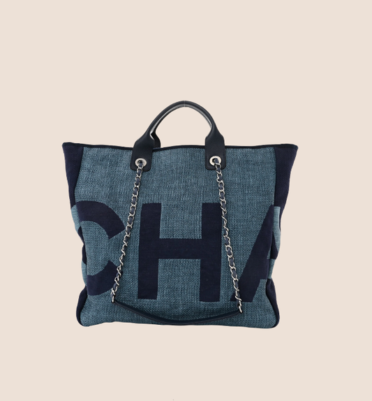CHANEL LOGO DARK BLUE DENIM LARGE SHOPPING TOTE