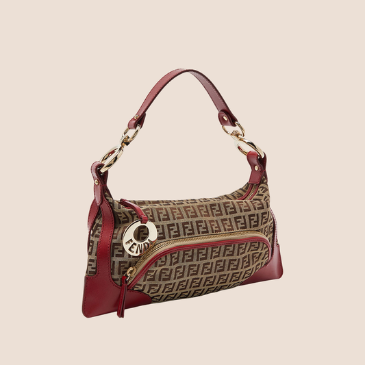 FENDI 2000 RED & BROWN ZUCCHINO CANVAS CHEF SHOULDER BAG