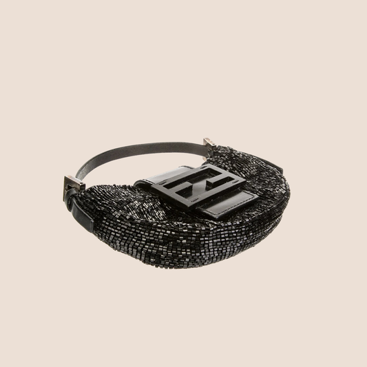 FENDI 2000 BLACK BEADED GLITTER  FF LOGO MINI CROISSANT BAG