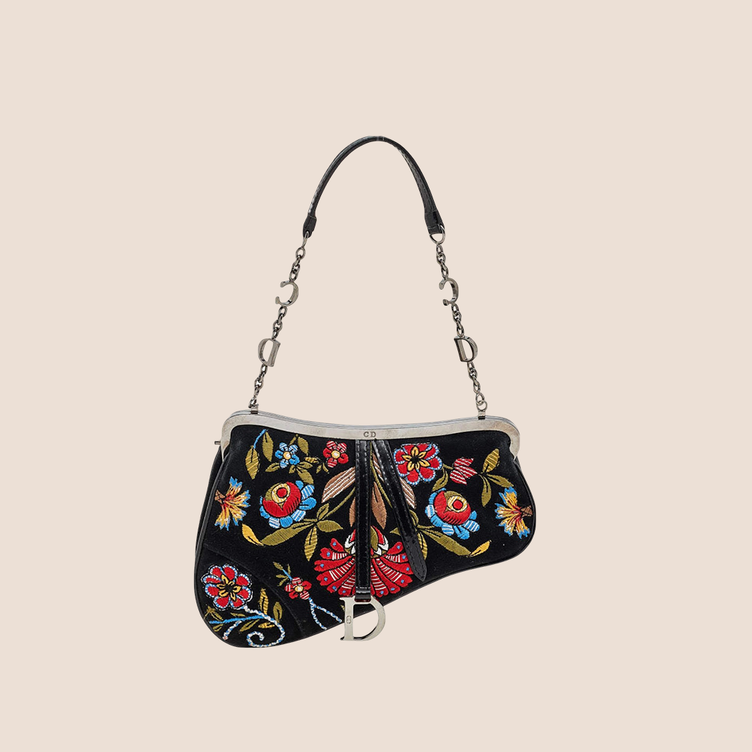 CHRISTIAN DIOR 2000 SUEDE FLORAL EMBROIDERED MICRO SADDLE BAG