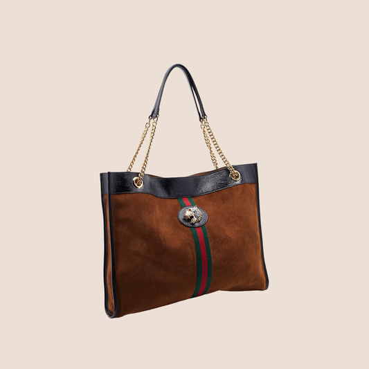 GUCCI BROWN SUEDE WEB RAJAH TOTE BAG