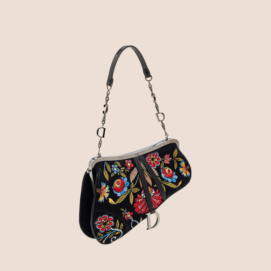 CHRISTIAN DIOR 2000 SUEDE FLORAL EMBROIDERED MICRO SADDLE BAG
