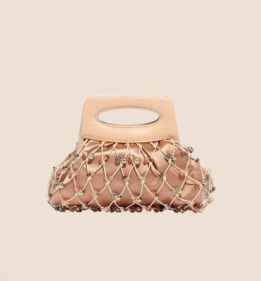 CHANEL 2004 BEIGE SATIN & BEADED CROCHET EVENING BAG