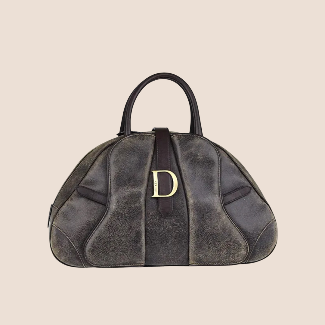 CHRISTIAN DIOR BROWN AGED LEATHER EFFECT DOUBLE SADDLE BAG