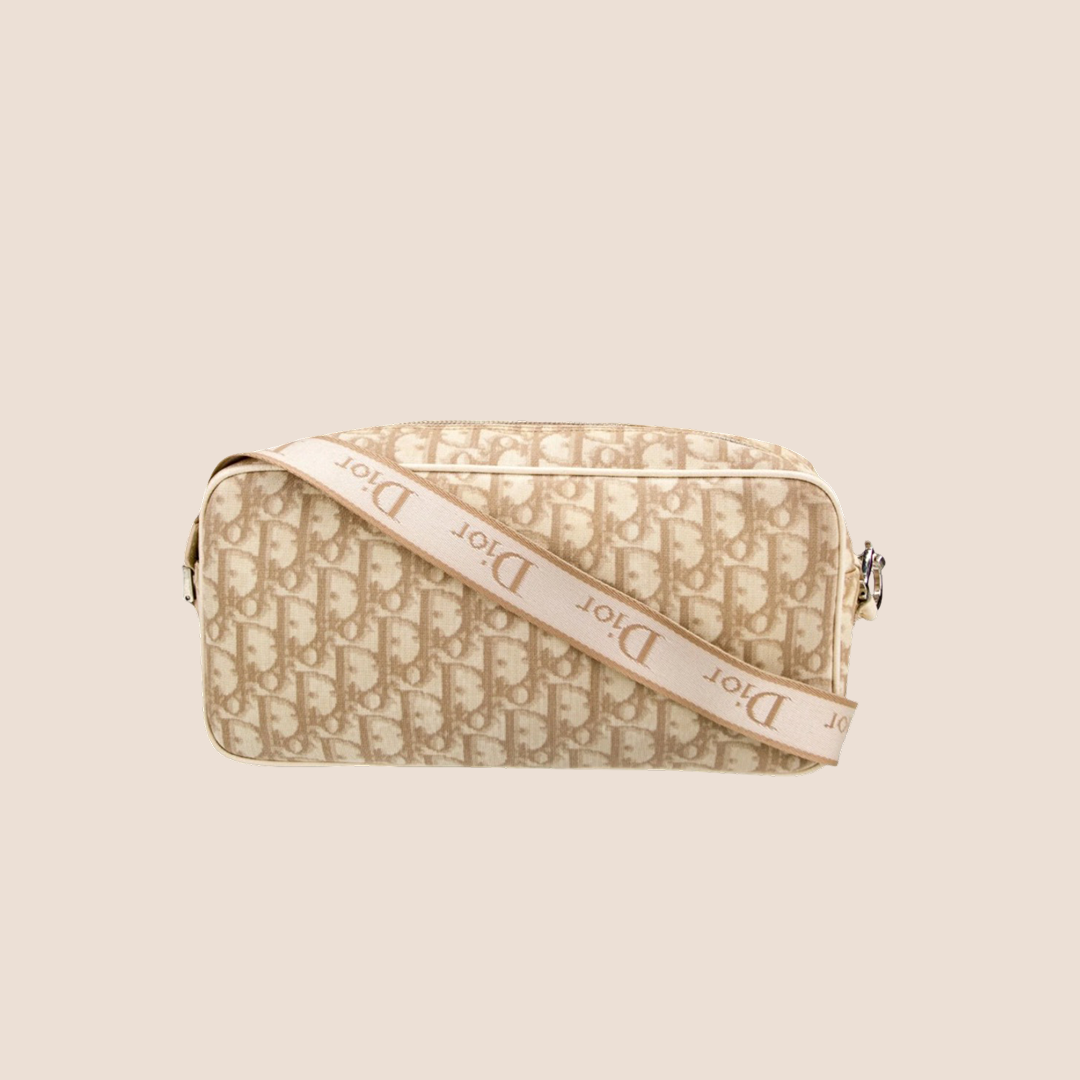 CHRISTIAN DIOR 2005 BEIGE TROTTER EMBROIDERED FLOWERS CROSSBODY BAG