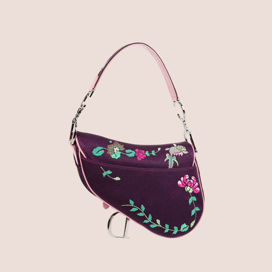 CHRISTIAN DIOR 2003 PURPLE SILK FLORAL KOI SADDLE BAG