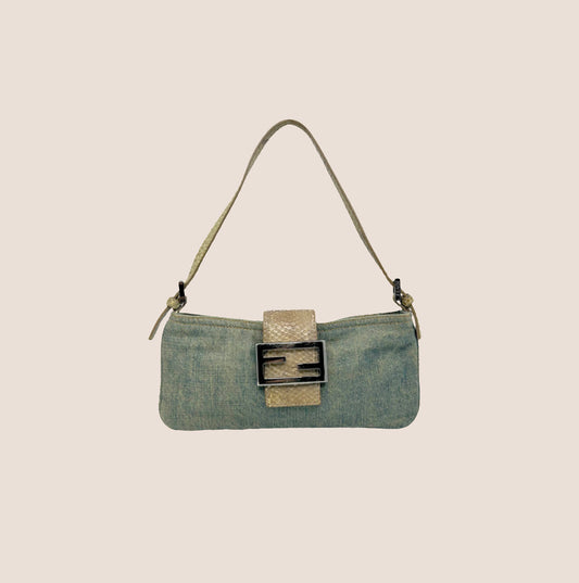 FENDI DENIM PYTHON SKIN MINI BAGUETTE