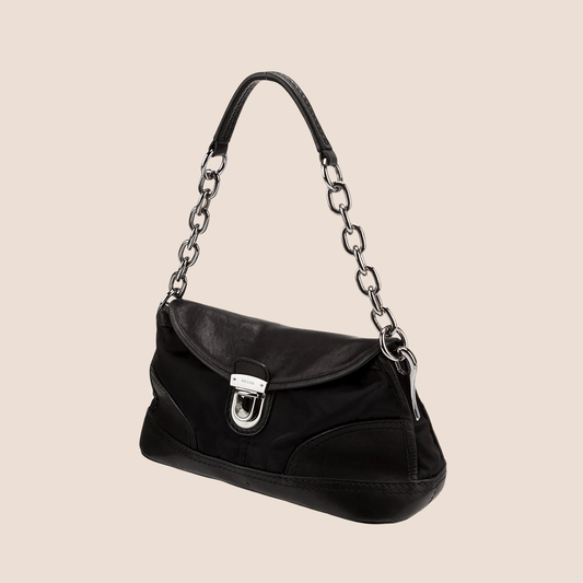 PRADA 2010 BLACK NAPPA-TRIMMED TESSUTO EASY BAG