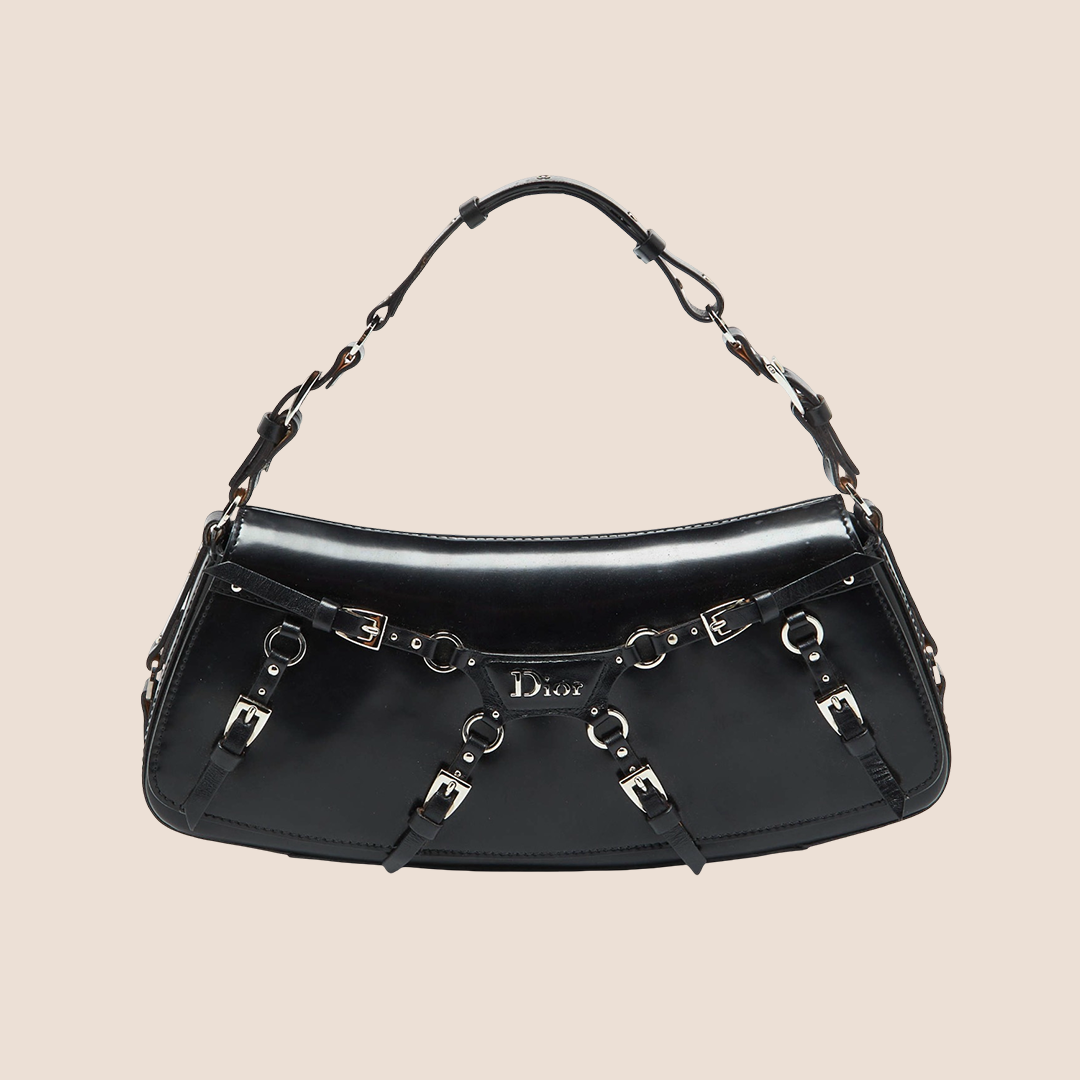 CHRISTIAN DIOR 2003 BLACK LEATHER BONDAGE BAG