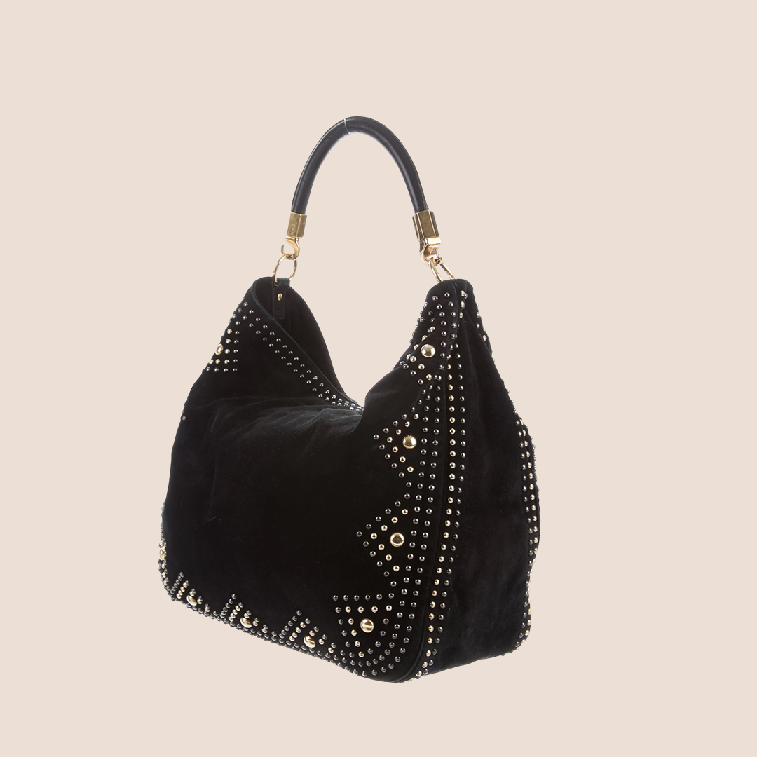 YVES SAINT LAURENT BLACK SUEDE STUDDED ROADY HOBO BAG