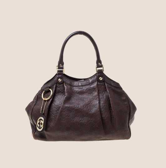 GUCCI DARK BROWN GUCCISSIMA LEATHER SUKEY TOTE BAG