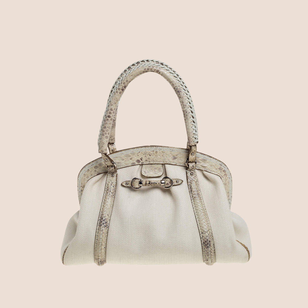 CHRISTIAN DIOR 2007 BEIGE CANVAS & PYTHON TRIM FRAME SATCHEL