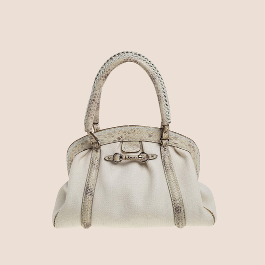 CHRISTIAN DIOR 2007 BEIGE CANVAS & PYTHON TRIM FRAME SATCHEL