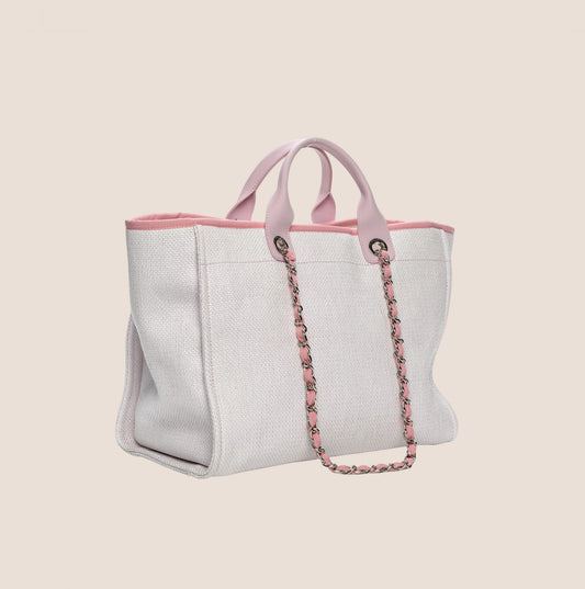 CHANEL PINK & BEIGE CANVAS DEAUVILLE TOTE BAG