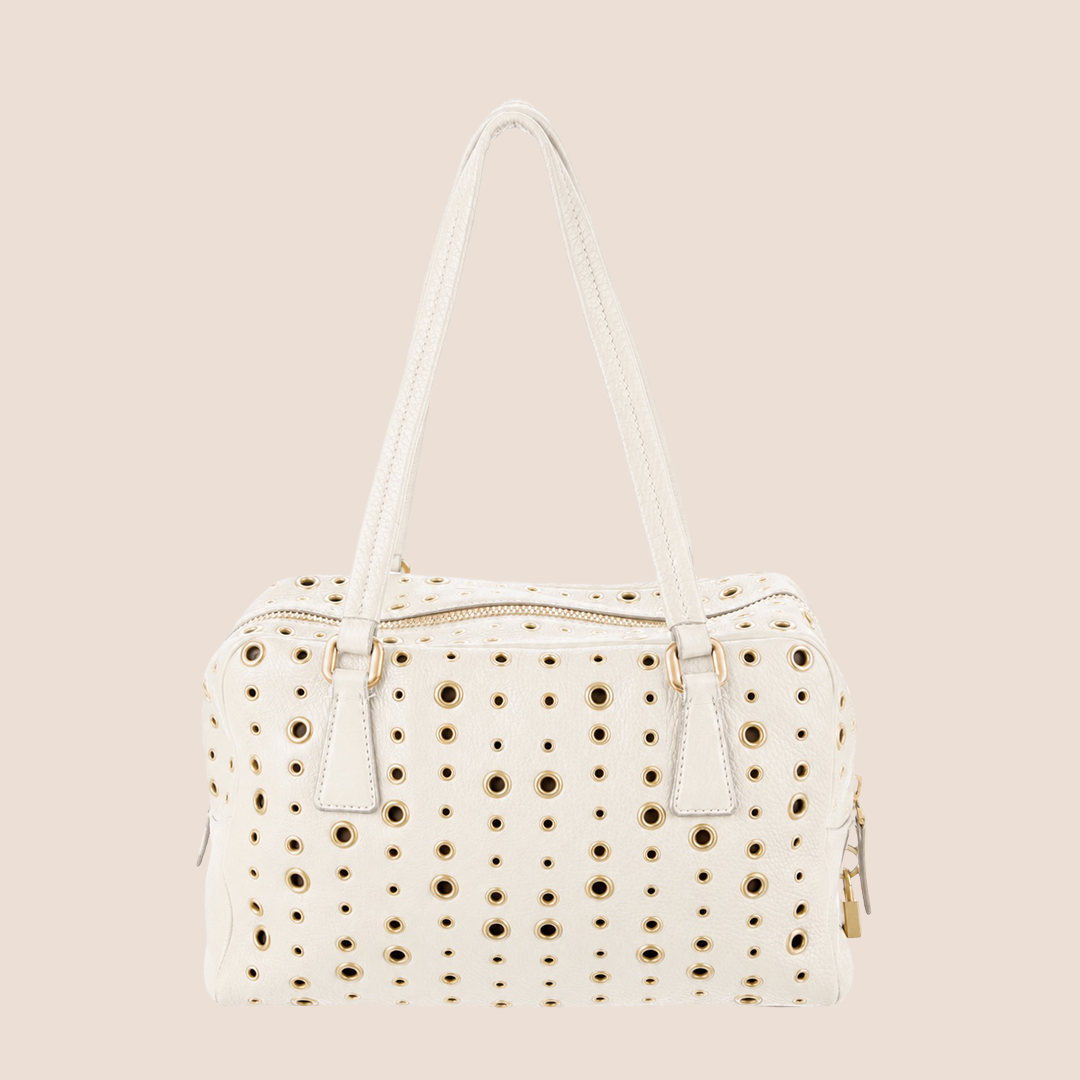 PRADA 2000 WHITE LEATHER RIVET STUDDED BAULETTO BAG