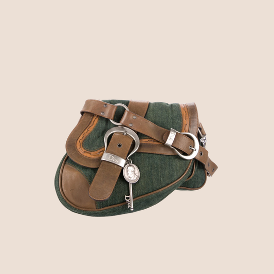 CHRISTIAN DIOR 2008 WASHED DENIM KHAKI LEATHER DOUBLE MINI GAUCHO SADDLE BAG