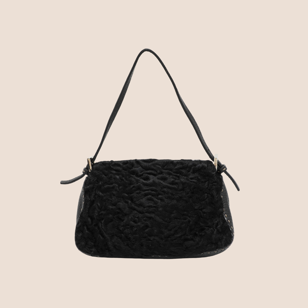 FENDI BLACK FUR & LEATHER MINI BAGUETTE BAG