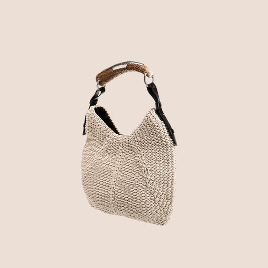 YVES SAINT LAURENT BEIGE KNIT MOMBASA TOP HANDLE BAG
