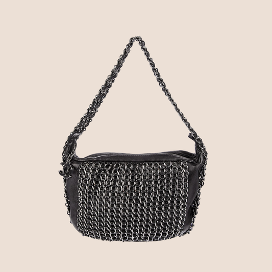 CHANEL 2004 BLACK TRIPLE CHAIN HOBO BAG