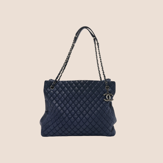 CHANEL NAVY QUILTED NEW BUBBLE NORTH SOUTH TOTE BAG