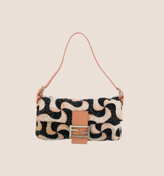 FENDI LIZARD-TRIMMED BEADED SWIRL BAGUETTE BAG