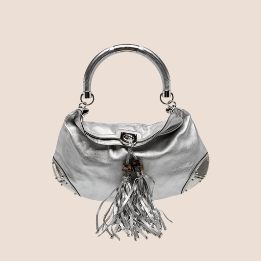 GUCCI METALLIC SILVER LEATHER BABOUSKA INDY HOBO BAG