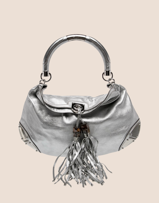 GUCCI METALLIC SILVER LEATHER BABOUSKA INDY HOBO BAG