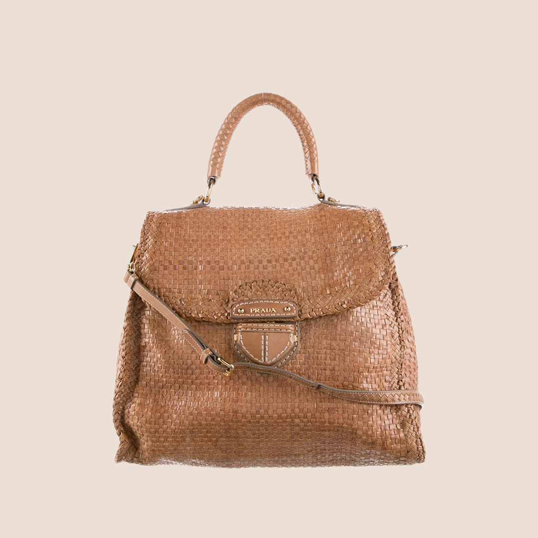PRADA BROWN MADRAS TOP HANDLE BAG