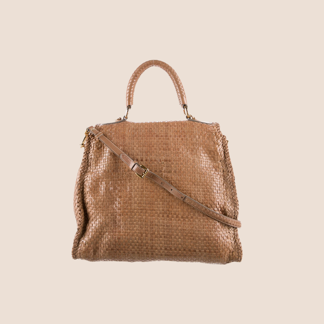 PRADA BROWN MADRAS TOP HANDLE BAG