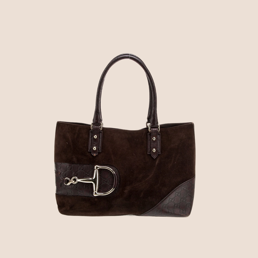 GUCCI BROWN SUEDE & MONOGRAM LEATHER HORSEBIT HASLER BAG