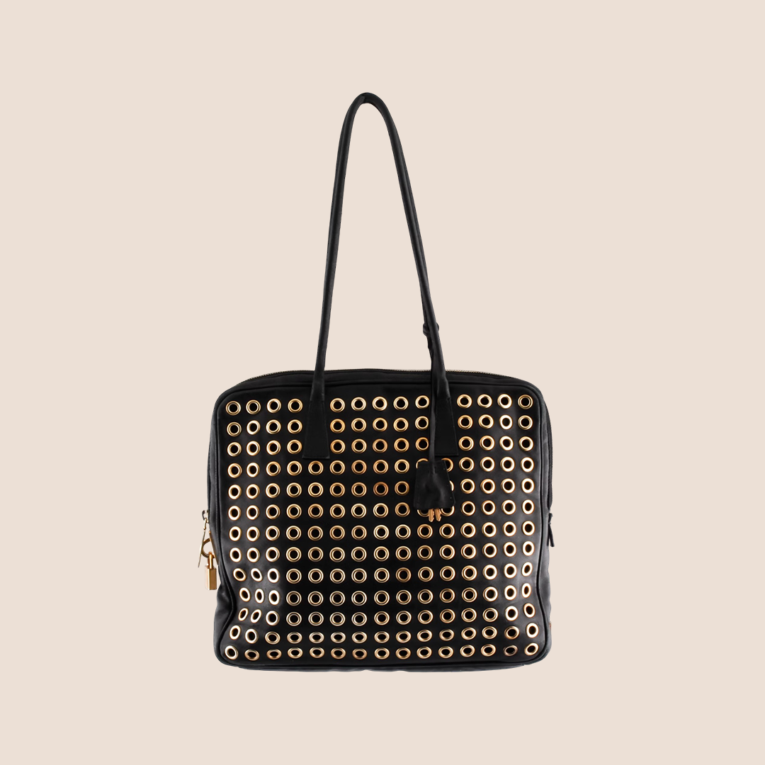 PRADA BLACK LEATHER GROMMET FLAT TOTE BAG