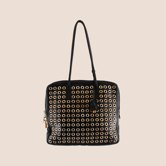 PRADA BLACK LEATHER GROMMET FLAT TOTE BAG